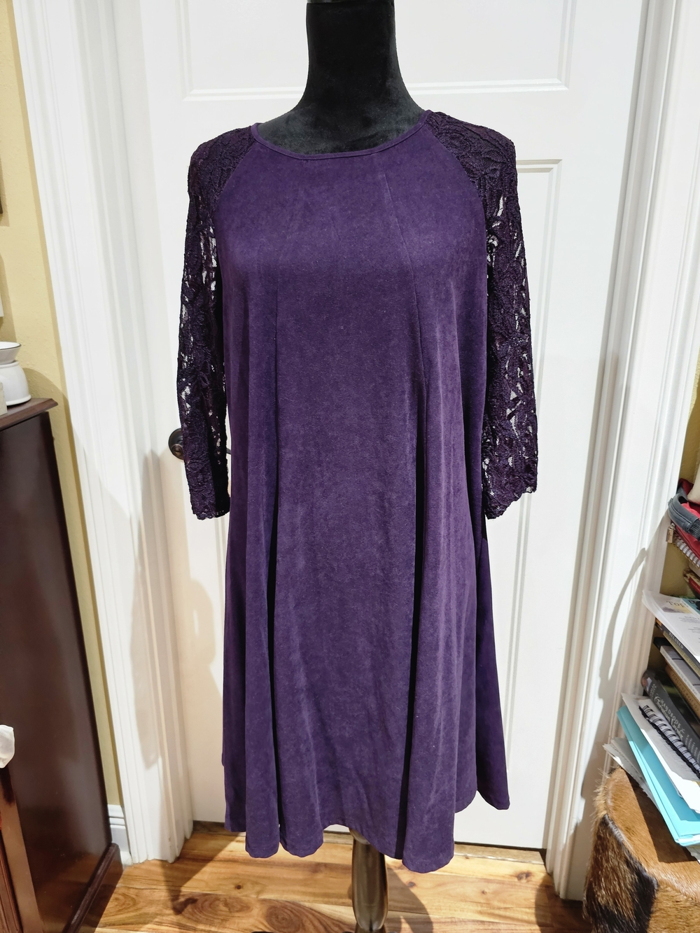 Julian Taylor Suede Deep Purple Lace-Sleeve Midi Dress